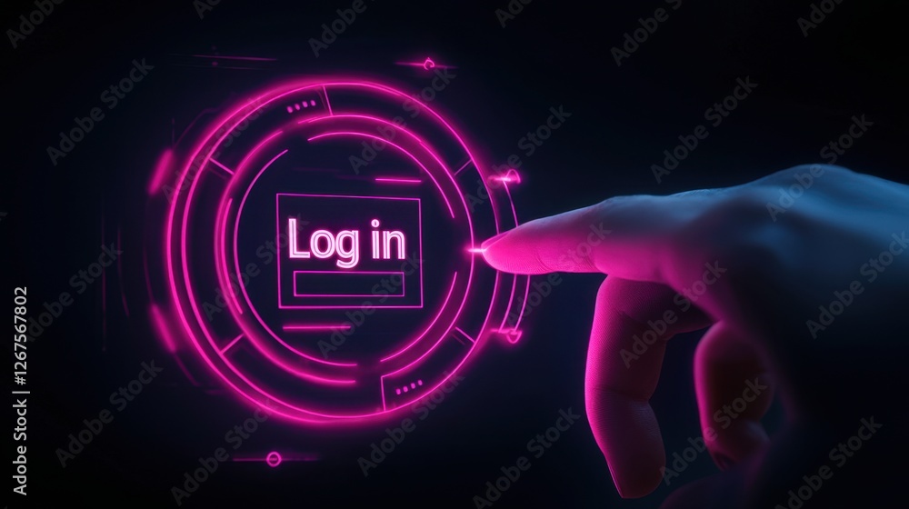 Poster futuristic digital interface with neon pink login button being pressed by a hand in a dark setting f