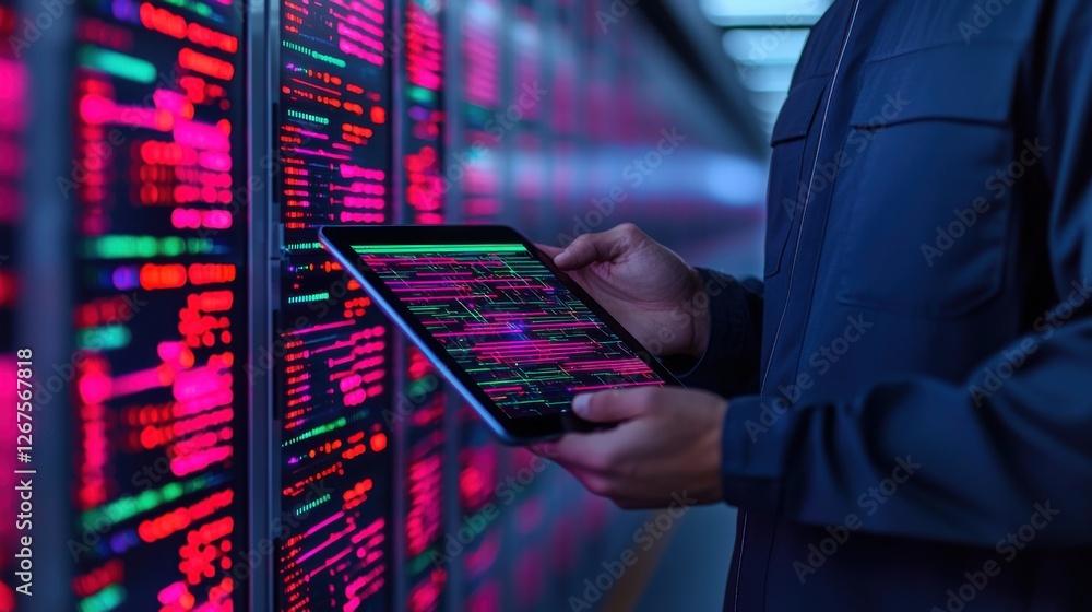 Poster engineer energy tablet concept. close up of an engineer s hands holding a digital tablet with glowin