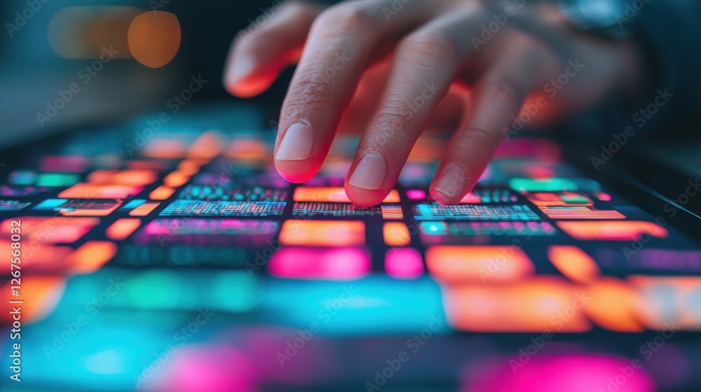 Poster engineer energy tablet concept. close up of engineer s hands interacting with futuristic digital int