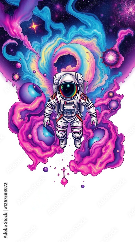 Aufkleber astronaut floating through a swirl of cosmic colors, exploring the vast unknown of space.