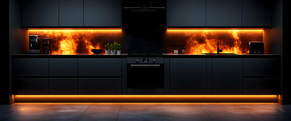 Modern Dark Kitchen With Orange Fire Accent