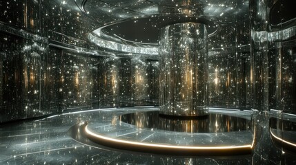 Modern, mirrored, circular, interior space with glowing accents. Use  Architectural photography