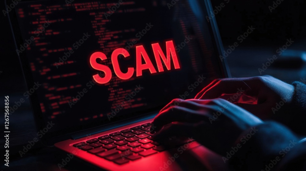 Poster red scam warning on laptop screen with hands typing in dark environment highlighting cyber security 