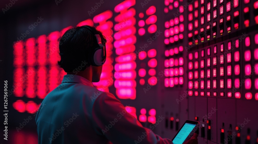 Poster engineer energy tablet concept. engineer analyzing high tech energy control room data and displays