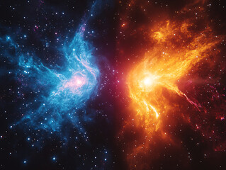 a vibrant cosmic scene with a blue nebula on the left and a red nebula on the right, set against a backdrop of stars. The nebulas appear to be interacting or colliding