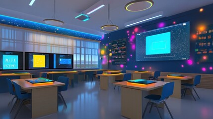 Modern classroom tech, interactive learning, city view