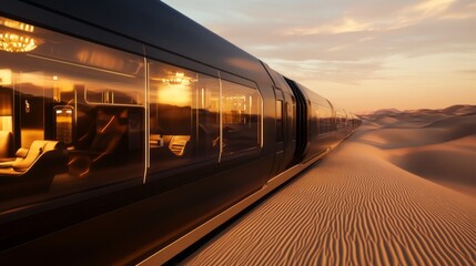 Luxury train travels through golden desert at sunset, showcasing modern design and serene landscape