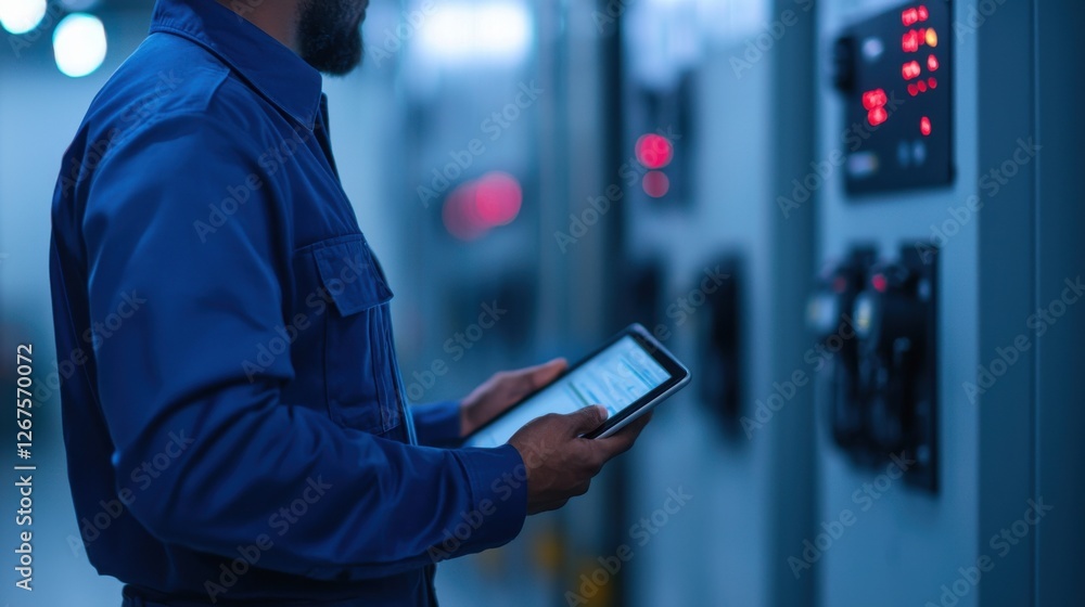 Poster engineer energy tablet concept. engineer using tablet to monitor sustainable energy systems and data