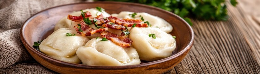 Delicious Homemade Dumplings with Bacon and Parsley Garnish in Rustic Bowl on Wooden Table