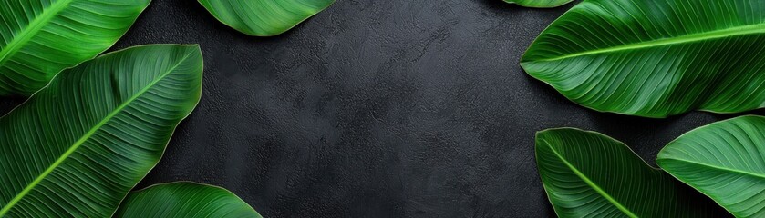 Lush Green Tropical Leaves Framed on Dark Textured Background for Nature and Interior Design Themes