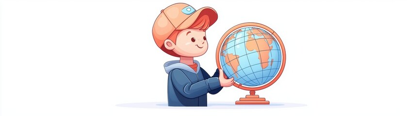 A young boy with a cap explores a colorful globe, showcasing his curiosity and interest in geography.