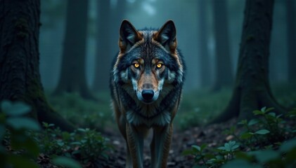 Wolf's eyes glow yellow in the dark forest as it senses its prey, night, glow
