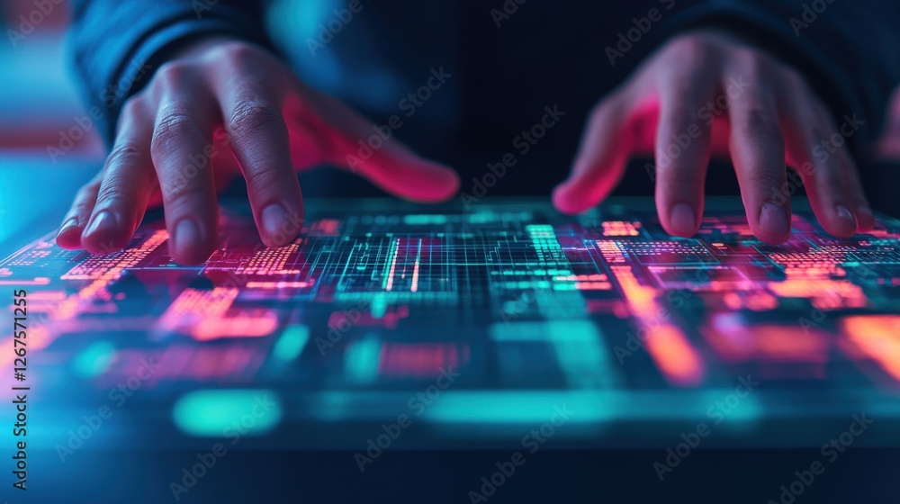 Poster engineer energy tablet concept. hands of an engineer adjusting a floating holographic interface