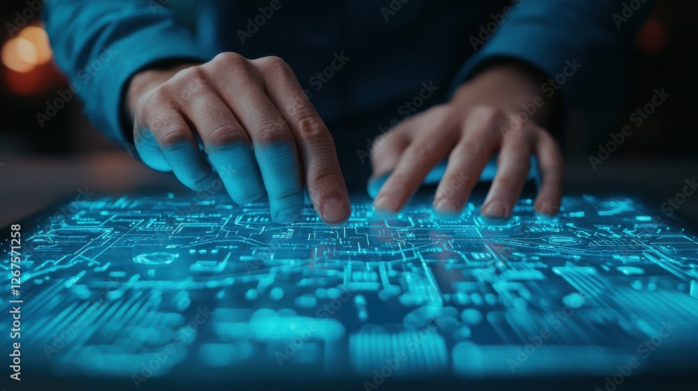 Poster engineer energy tablet concept. hands of an engineer adjusting a floating holographic interface in a