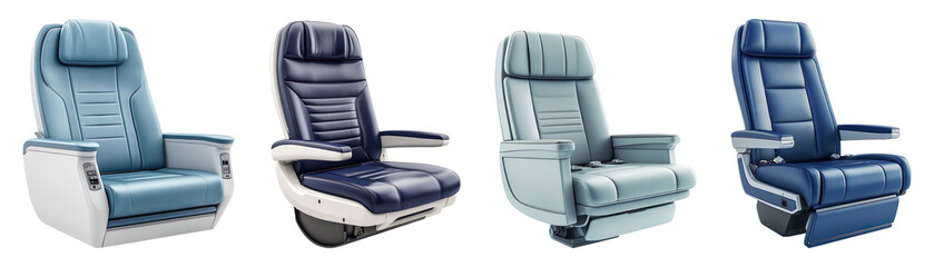 Collection of airplane seats isolated on transparent background