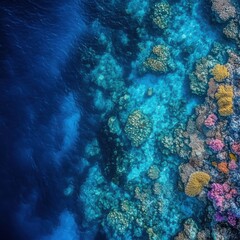 Fototapeta premium Vibrant Coral Reef with Diverse Marine Life Beneath Clear Water
