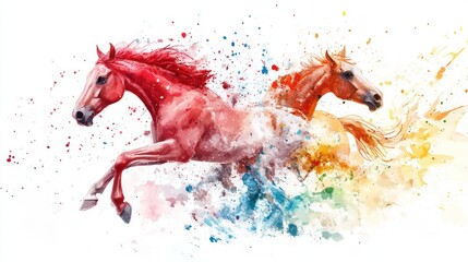 Two vibrant horses running, colorful splash background, artwork, equine energy, website design