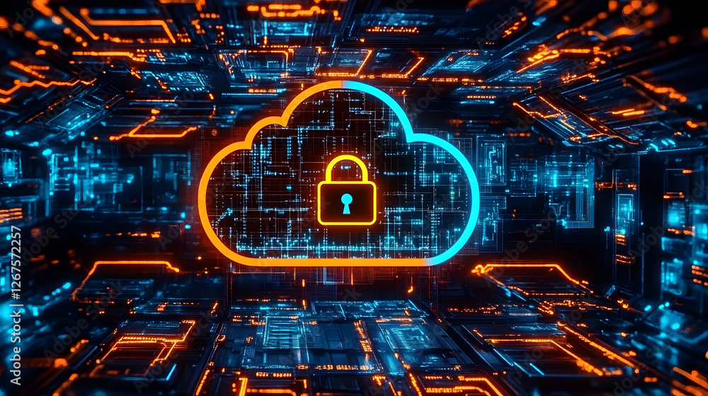 Poster a modern representation of cybersecurity with a luminous cloud icon and a padlock in the middle high
