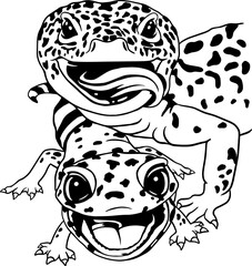 Black-and-white vector illustration of two smiling geckos with spotted patterns. Playful and expressive reptile artwork, perfect for tattoo designs, stickers, wildlife themes, and exotic pet lovers.