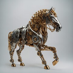 A mechanical horse with intricate golden gears and a metallic mane, standing on a clear white background.