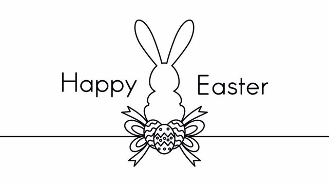 happy easter animation with black line drawing rabbit eggs and ribbons on white background video footage 