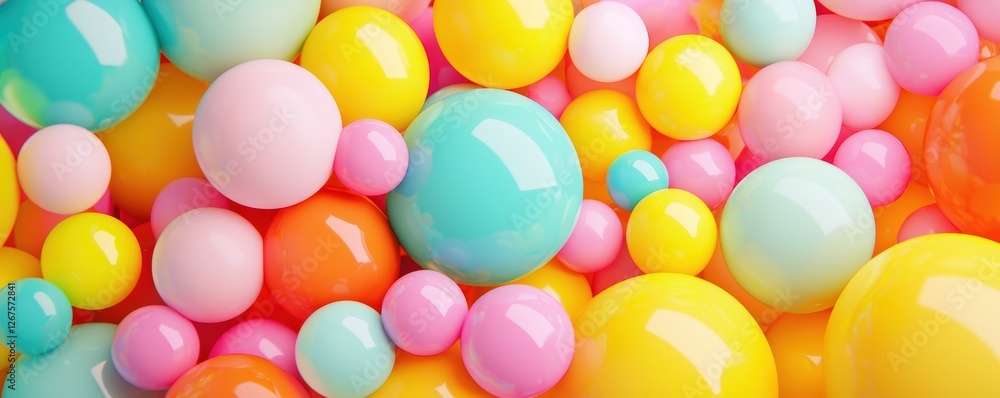 Poster a vibrant collection of colorful spheres in various sizes, creating a playful and cheerful aesthetic