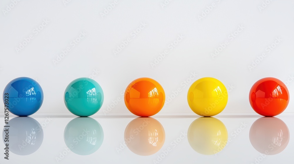 Poster five colorful spheres are arranged in a line, reflecting light on a smooth surface against a minimal