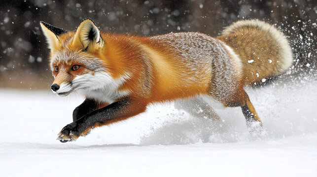 A red fox (vulpes vulpes) is running through the white snow. - Powered by Adobe