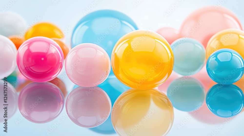 Poster colorful translucent spheres arranged on a reflective surface, creating a playful and vibrant compos