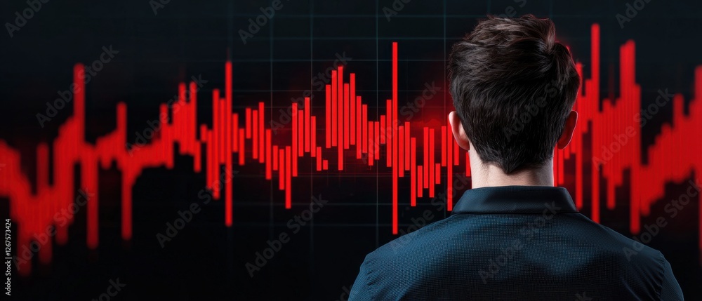 Poster a person observes a red sound wave pattern displayed on a screen, suggesting themes of audio analysi