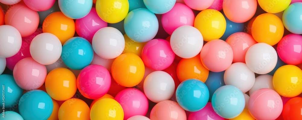 Poster a vibrant assortment of colorful plastic balls in various shades, creating a playful and cheerful vi