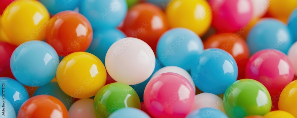 Poster a vibrant collection of colorful balls in various sizes, creating a playful and cheerful atmosphere.