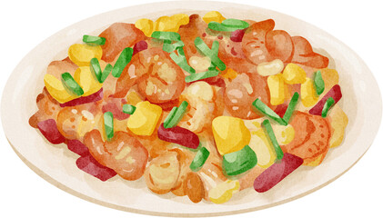 watercolor stir fried shrimp cashew nuts