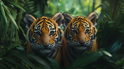 Obraz premium Closeup of two cute tiger cubs in a tropical jungle.