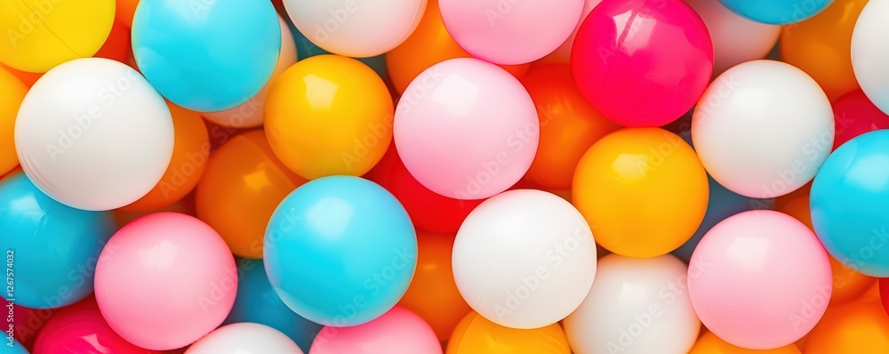 Poster a vibrant assortment of colorful balls in various sizes and shades, creating a playful and lively vi