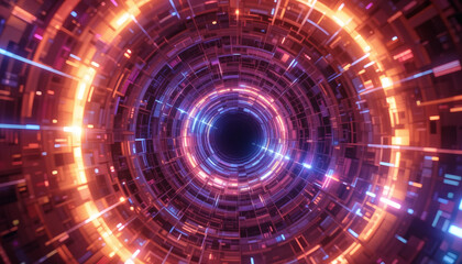 Obraz premium Glitched wormhole in space with neon pixel flickers and digital artifacts, futuristic sci-fi portal effect, cosmic distortion, cyberpunk space anomaly, vibrant space-time rift visuals