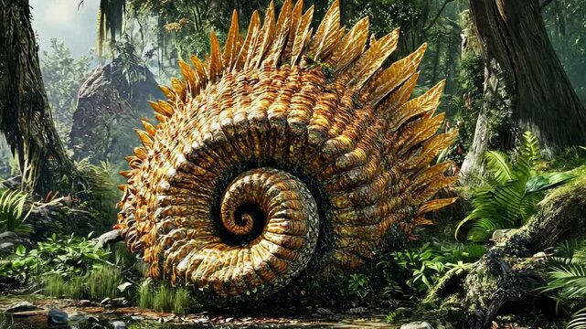 Large golden spiral shell resting among lush tropical foliage in a dense forest setting