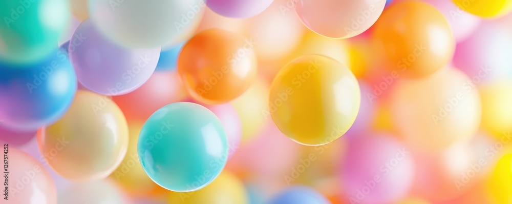 Poster a colorful array of translucent spheres in pastel shades, creating a dreamy, playful atmosphere.