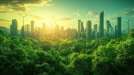 Green city skyline sunset, wind turbines, sustainable urban landscape, environmental conservation, ecological