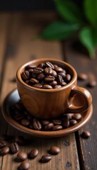 Fototapeta premium Wooden cup coffee beans on rustic table, coffee bean wood table decor, cup coffee beans wooden, wooden home decor