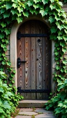 Wooden door with vines and moss, wooden door, wooden entrance, door
