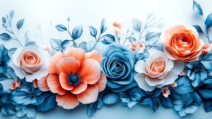 Pastel paper flowers, wall decor, floral design, light blue background, wedding invitation