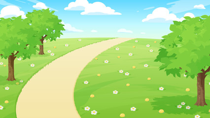 花が咲いている草原の風景イラスト_16:9