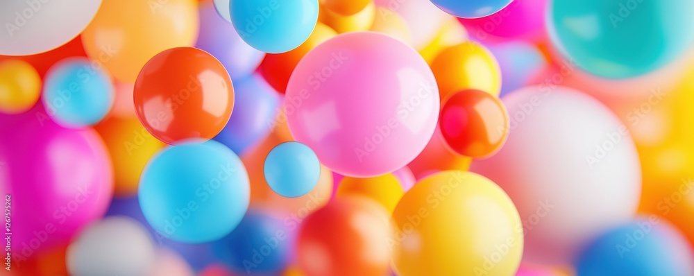 Poster a vibrant background filled with colorful, floating spheres in various sizes, creating a playful and