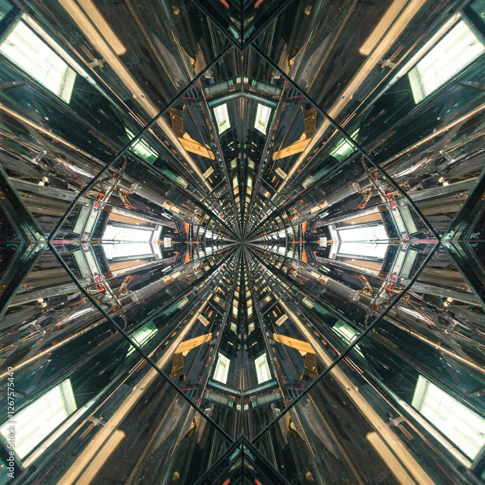 Poster a mesmerizing symmetrical kaleidoscopic reflection of a futuristic industrial structure. the intrica