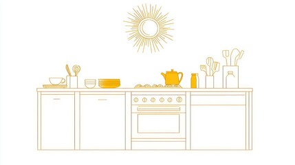 Modern kitchen island, cooking preparation, sunburst mirror, minimalist design, home decor