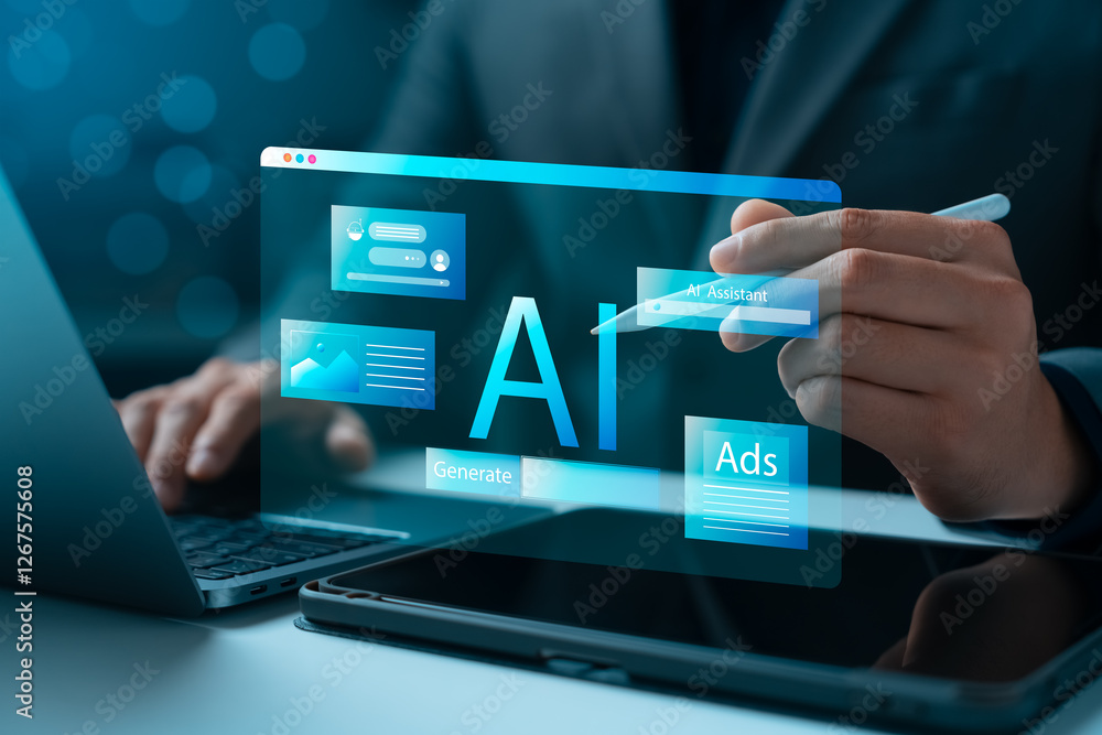 Poster concept humans work with artificial intelligence, humans use intelligent ai technology enter command