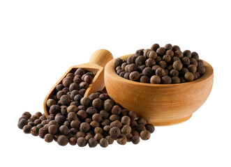 Wooden bowl with allspice or Jamaican pepper isolated on white background.