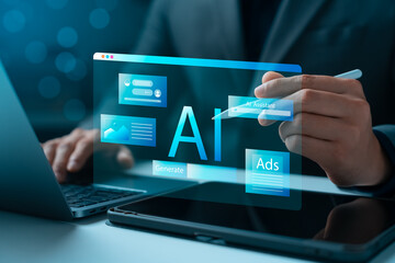 Concept Humans work with artificial intelligence, humans use intelligent AI technology enter...
