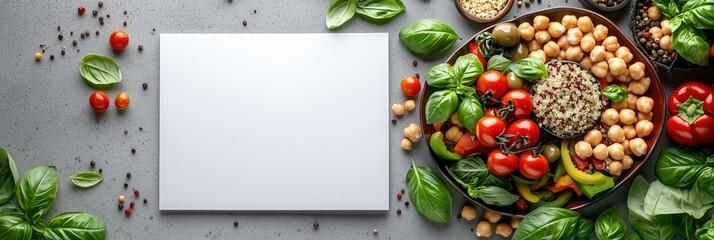 Top Down Fresh Quinoa Salad Recipe with Vegetables Basil and Blank Paper for Notes